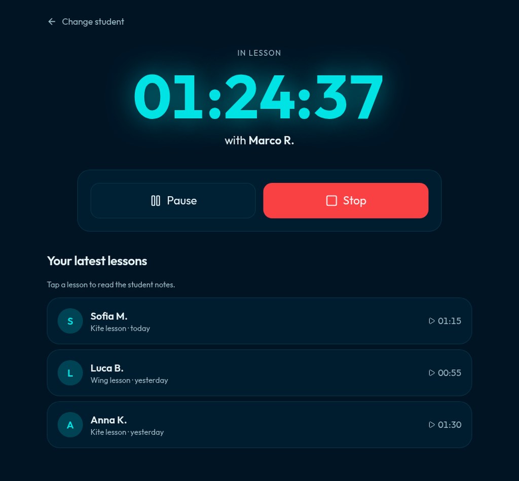 Knotly lesson timer screen showing an active kitesurf lesson